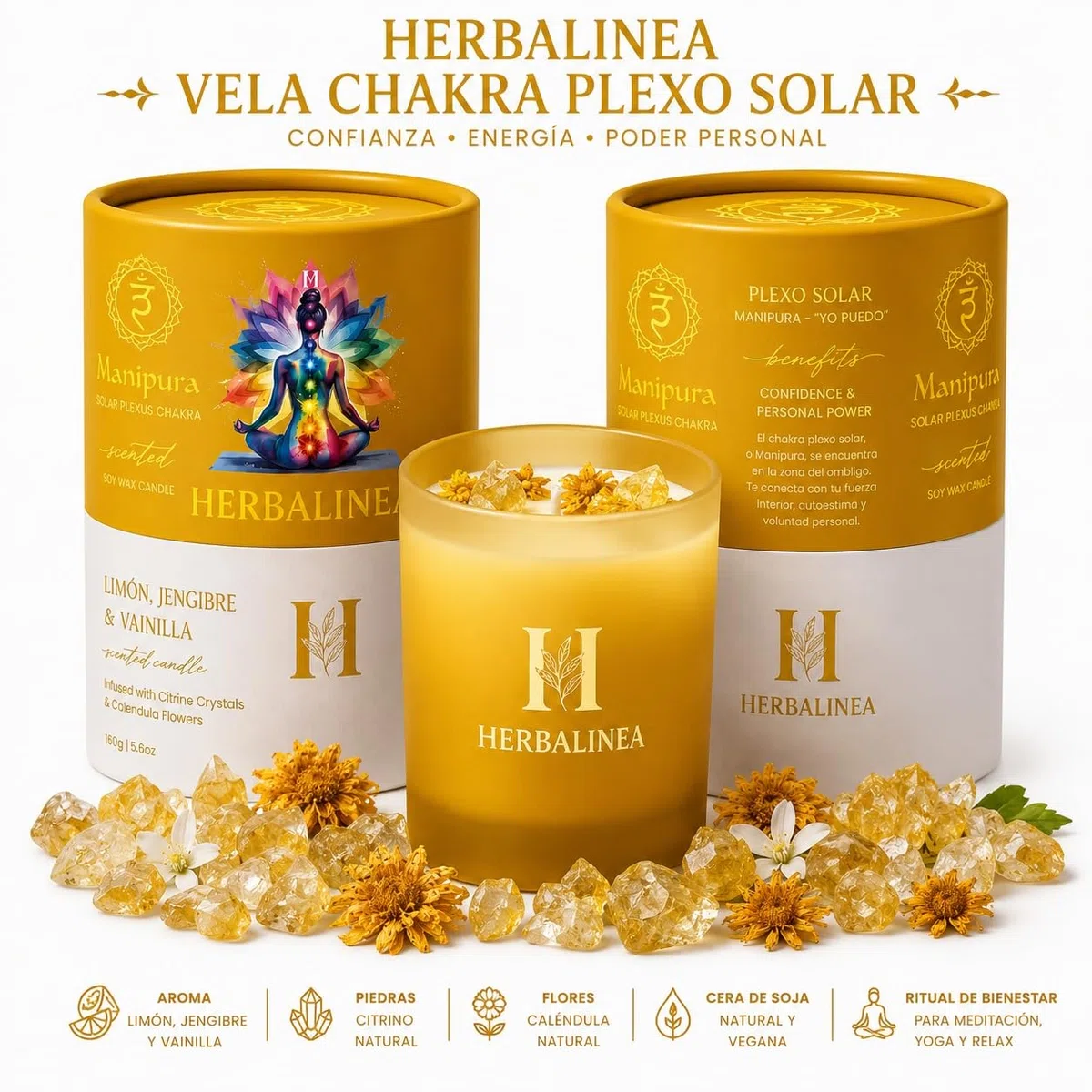 Vela Chakra de Soja 100% con Piedras Naturales y Flores Secas, Vela Aromática para Meditación, Yoga, Relajación y Decoración, Regalo Original, 160 g (Amarillo - Chakra Plexo Solar)