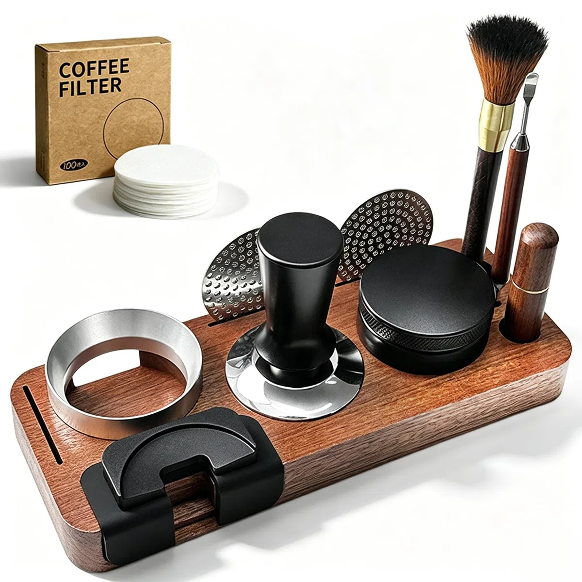 Juego de 10 prensadores de café con estación de prensado, 51 mm, juego de accesorios para café expreso con herramienta WDT, anillo dosificador, pantalla Puck, cepillo de limpieza, tapete, accesorios