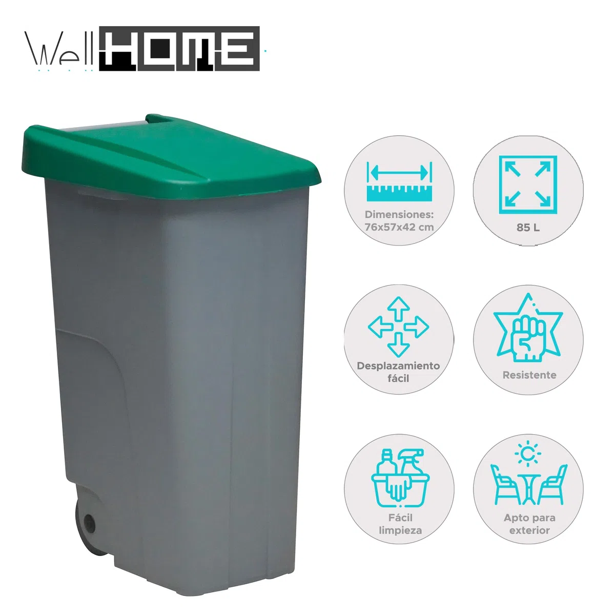 Well Home Contenedor Reciclo 85 litros Cerrado, Verde, 76x57x42 cm