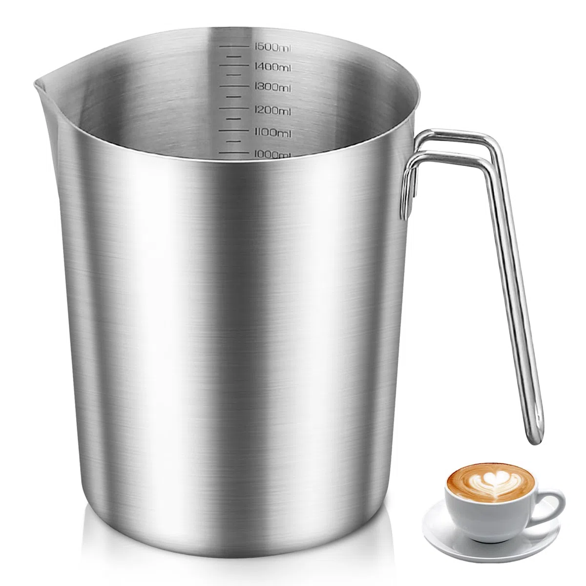 GOMETY Vaso medidor de acero inoxidable 1500 ml, vaso medidor de acero inoxidable 304 con mango y escala, apto para lavavajillas, jarra de leche de acero inoxidable, resistente vaso medidor de 1,5 l