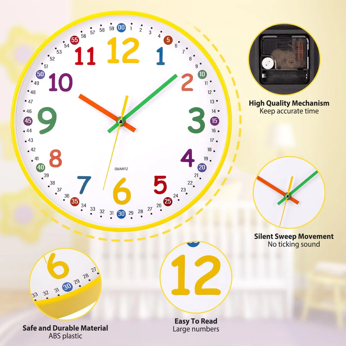 Reloj de Pared para Niños Reloj de Aprendizaje Reloj Infantil para Niños y Niñas Mecanismo Silencioso 30 CM para Habitación de los Niños