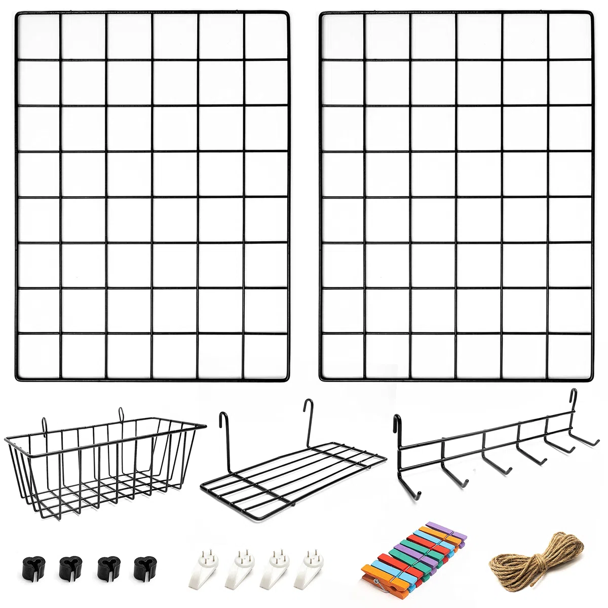 ODOXIA Juego de 2 Paneles de Rejilla Decoracion Pared con Accesorios | Incluye Cestas para Colgar, Ordenador de Cartas, Estante y Percheros | Decoración para Colgar en Casa, Oficina y Cocina