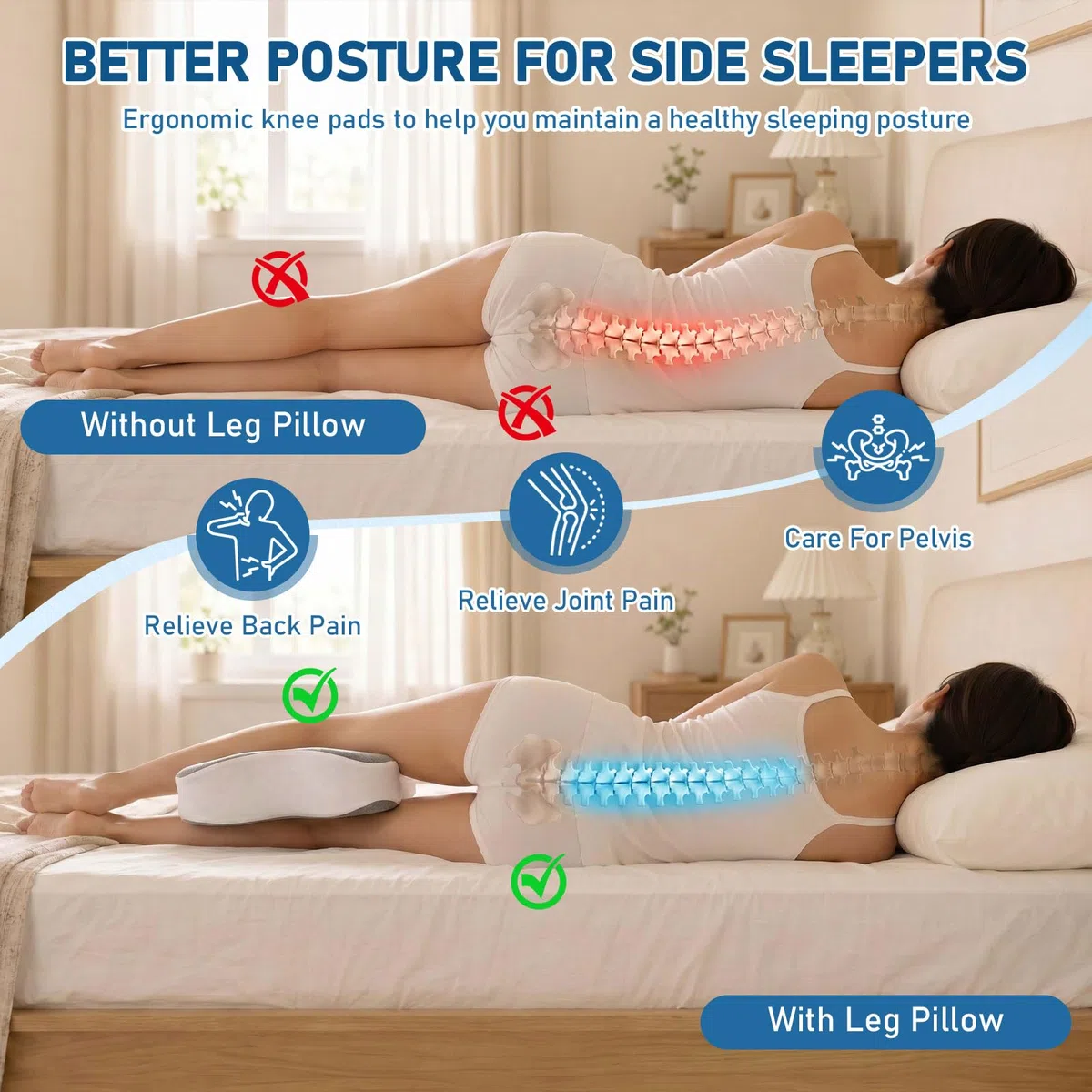 Almohada Piernas Dormir,Almohada para Dormir de Lado,Cojin piernas Dormir,Cojín de Rodilla,de Espuma Viscoelástica, para Piernas,Rodillas,Caderas,Espalda y Embarazo