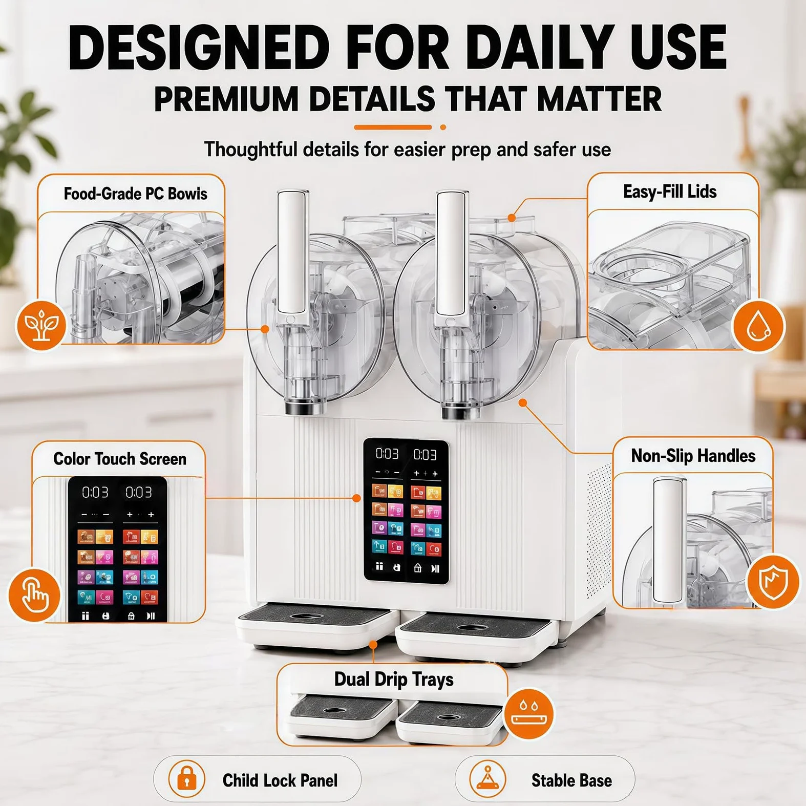 Máquina para Granizados y Slush 2 en 1, Máquina de Helado Soft Profesional con 2 Tanques, Dispensador Automático Táctil para Batidos, Smoothies, Helado y Bebidas Frías para Fiesta y Bar White