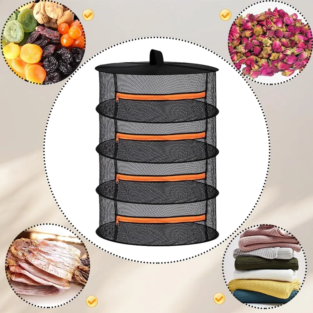 Secador de hierbas de 4 capas, con ganchos, con cremallera, red de secado de malla, para plantas, semillas, flores, color naranja
