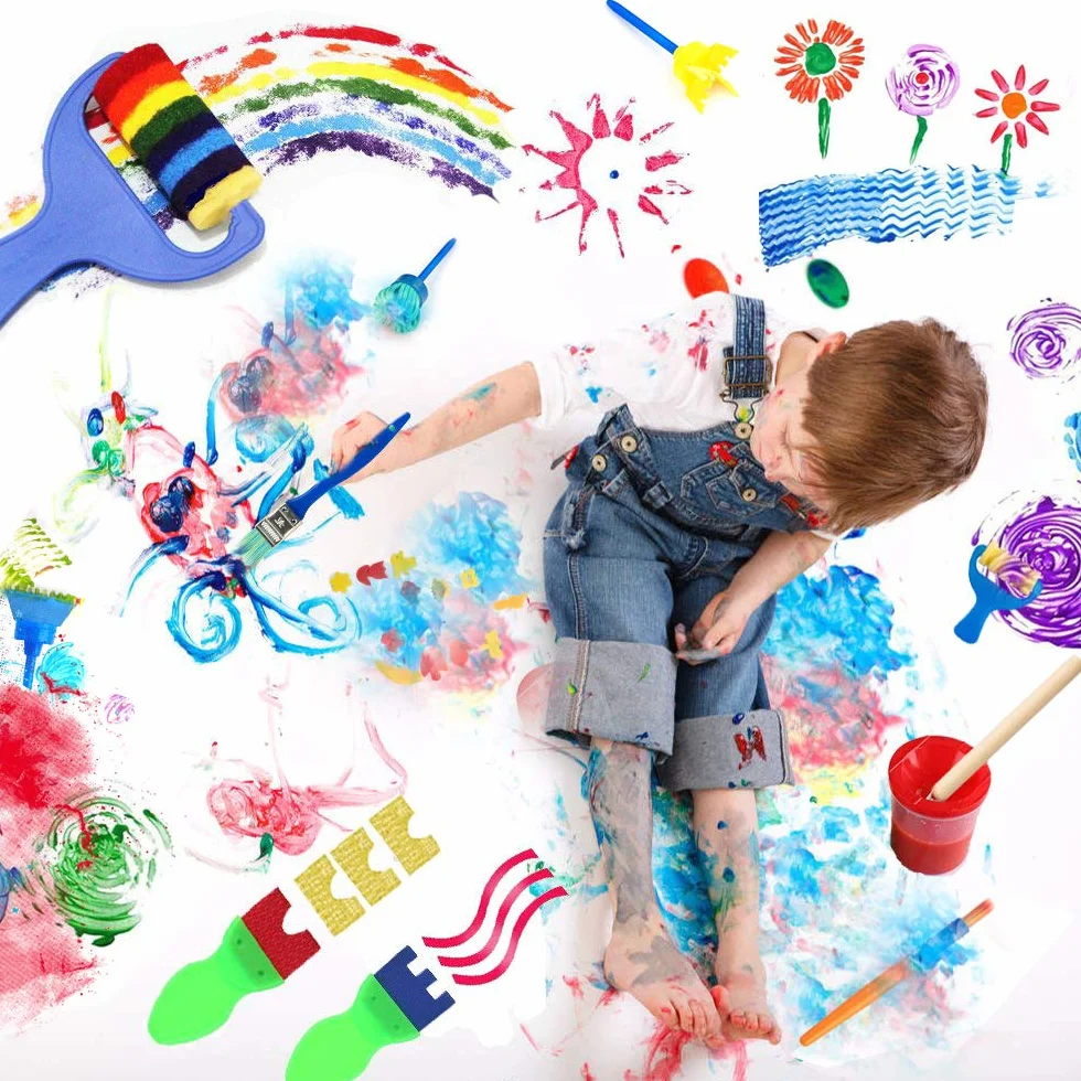 65 Piezas Niños Temprano Aprendizaje Esponja Pintura Cepillos Kit, para Niños Pintura DIY Artesanías, Incluye Pinceles de Esponja, Craft Pinceles y Delantal Impermeable con 3 Bolsillos