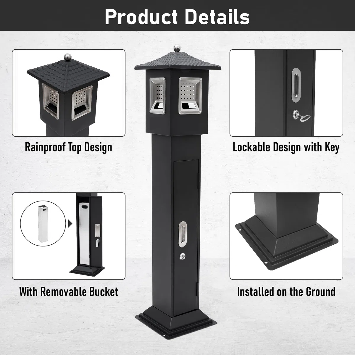 Cubo de basura comercial de 120 cm de altura, cubo de basura de acero inoxidable con cubo interior de acero, resistente al agua, para exteriores, 25 x 25 x 120 cm, fácil de limpiar, color negro