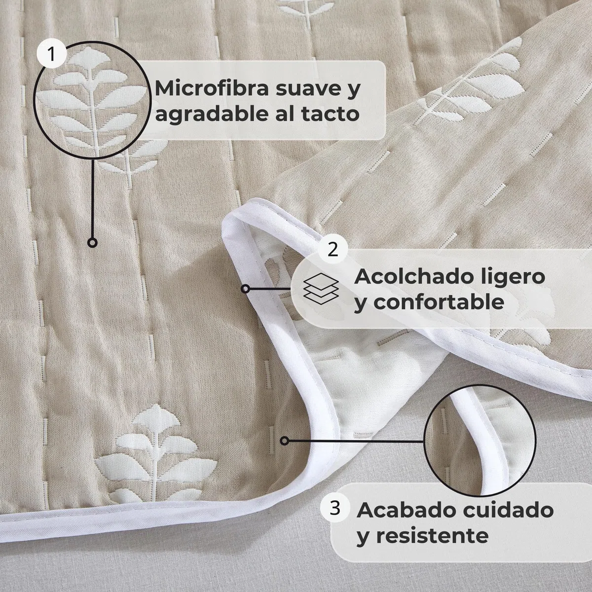 Colcha Boutí Bordada Cama 90 (180x260) para Verano y Entretiempo - 100% Microfibra Suave – Cubrecama Moderno Multiusos Ligero y Transpirable - Incluye 1 Funda de Almohada 70x50 cm (Cosenza Arena)