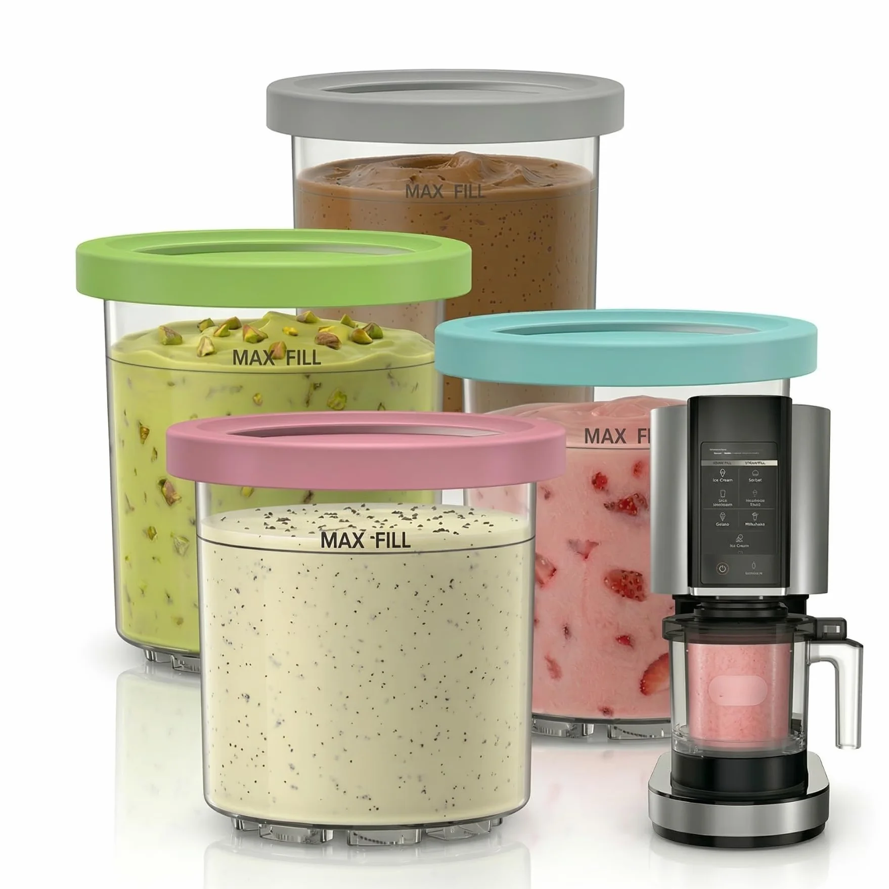 Juego de 4 recipientes de repuesto para Ninja Creami NC301 Serie, 473 ml para hielo con tapas, compatible con NC300 NC299AMZ, sin BPA, accesorio a prueba de fugas para proteínas y helados