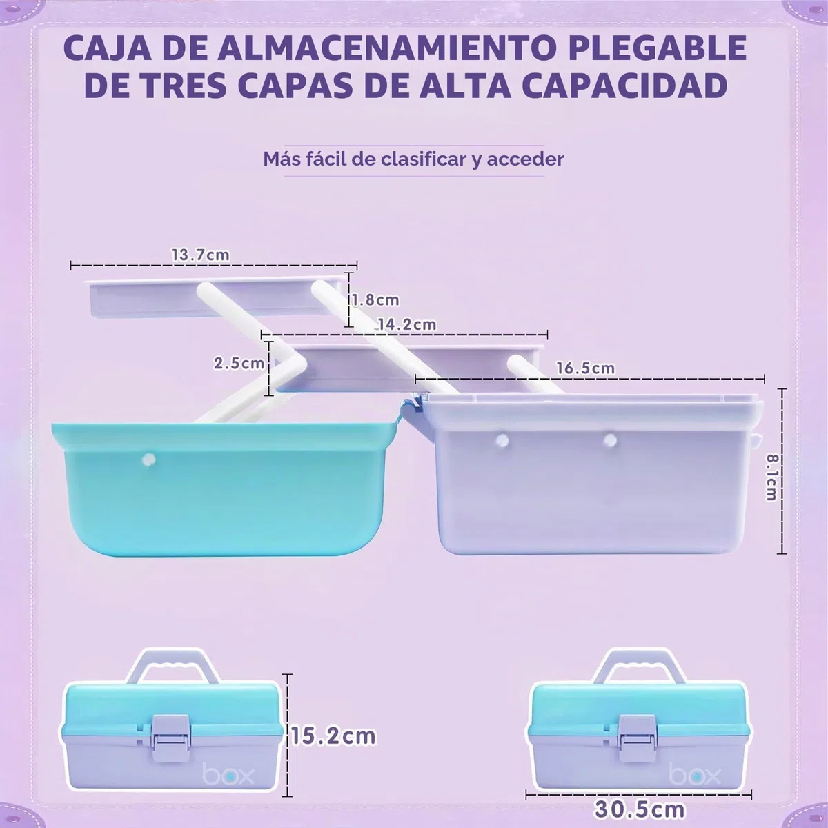 Creahaus Caja de almacenamiento multiusos de tres capas de 30cm, caja de herramientas, estuche de arte y manualidades, organizador de suministros de costura, caja de medicamentos(azul morado)