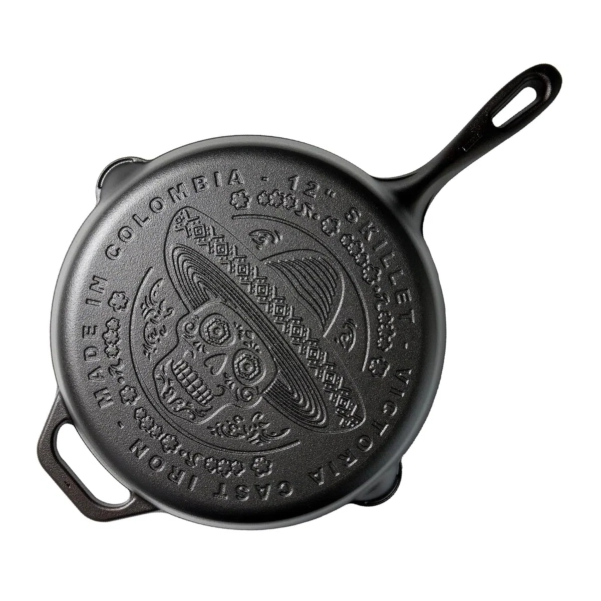 VICTORIA Sartén Hierro Fundido Curado 30cm, Day of the Dead La Calaca Apta Barbacoa, Horno, Inducción, Gas, Cast Iron Skillet Curada para Crear Antiadherente Libre de Tóxicos sin PFOA