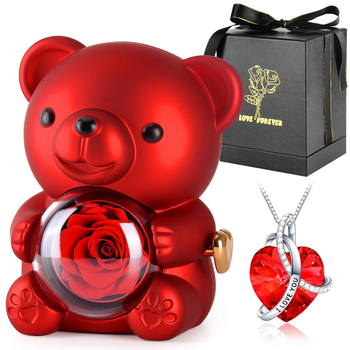 Oso con Rosa y Collar,Caja de Regalo de Oso de Rosa Eterna con Collar en Forma de Corazón,Oso de Rosa Eterna Natural Preservada Regalo para Mujer,Mama Aniversario,Día de San Valentín,Cumpleaño