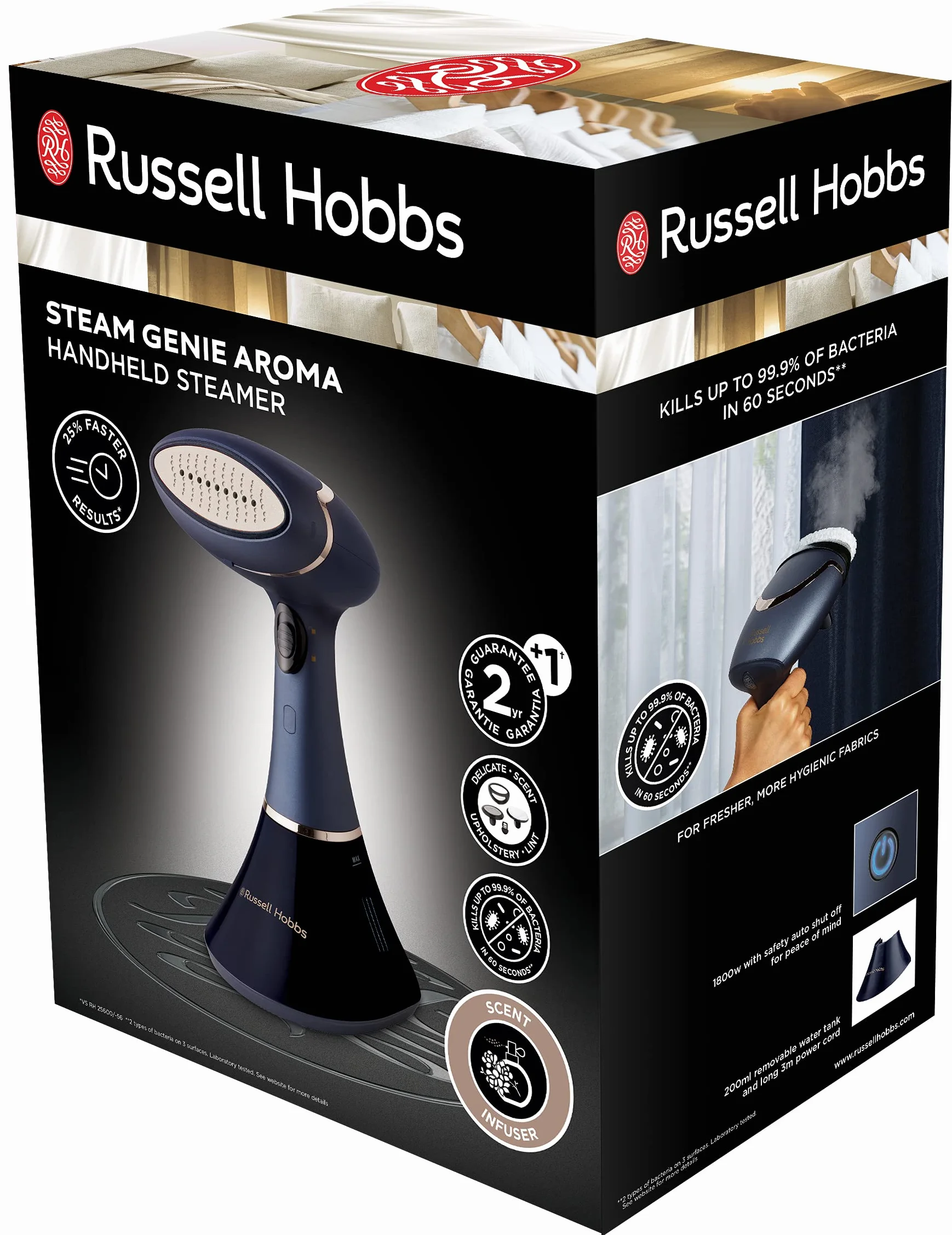 Russell Hobbs Plancha Vertical [1800W, 32g de generación de vapor] Steam Genie Aroma (suela cerámica, depósito 200 ml, 3 accesorios, difusor aroma, elimina arrugas, plancha y reduce olores) 28041-56