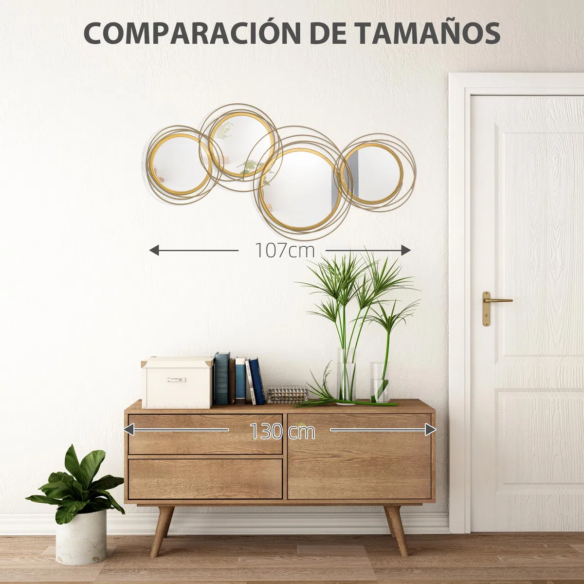 HOMCOM Decoración de Pared de Metal 3D Espejos Redondos 107x56 cm Dorado | Escultura de Espejos Redondos, Adornos Metálicos, Salón Dormitorio Cocina, Recibidores