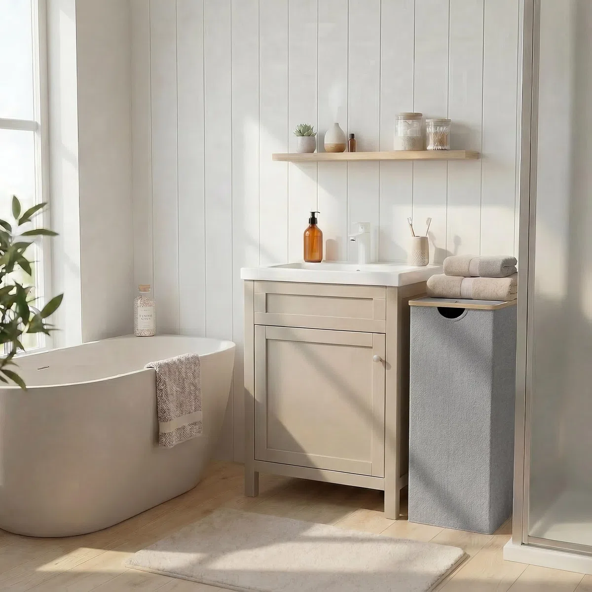 efluky Cesto Alto Grande de 100 L con Tapa y Asas de Bambú para Ropa sucia, Cubo Plegable laundry basket XXL con Bolsa Interior Gris