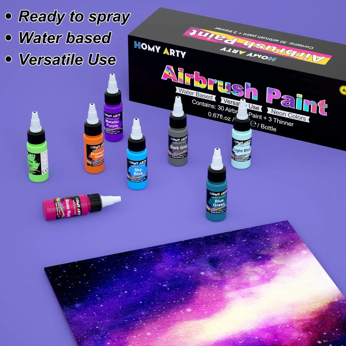 HOMY ARTY Pintura de Aerógrafo, 30 Colores Acrílico con 3 Diluyentes de Aerógrafo, a Base de Agua, Pintura Aerógrafo para Metal, Modelos de Plástico, Lienzo