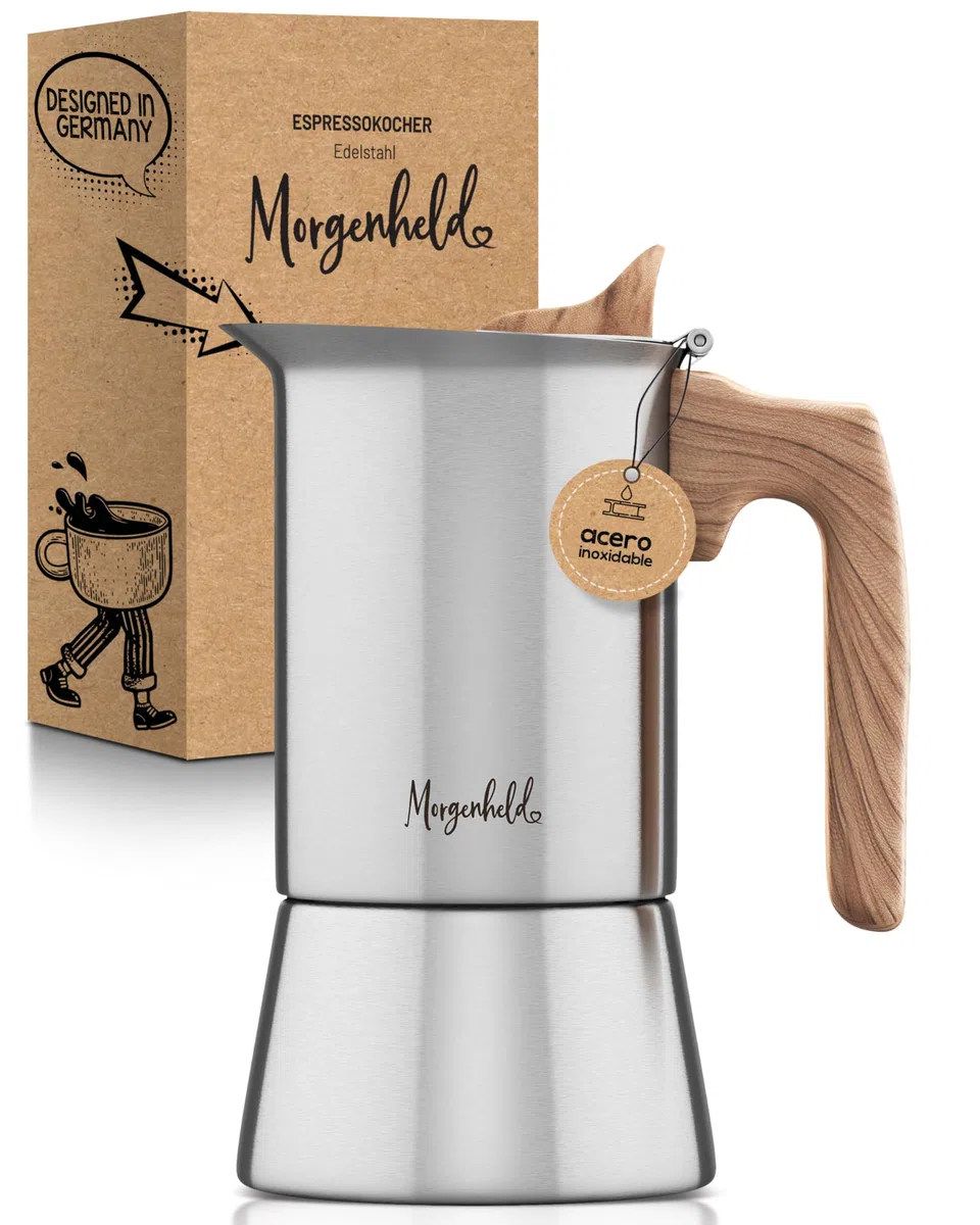 Morgenheld STYLE Cafetera italiana de acero inoxidable 4 tazas (200 ml) – apta para inducción y todo tipo de cocinas – cafetera moka clásica sin aluminio, filtro apto para lavavajillas