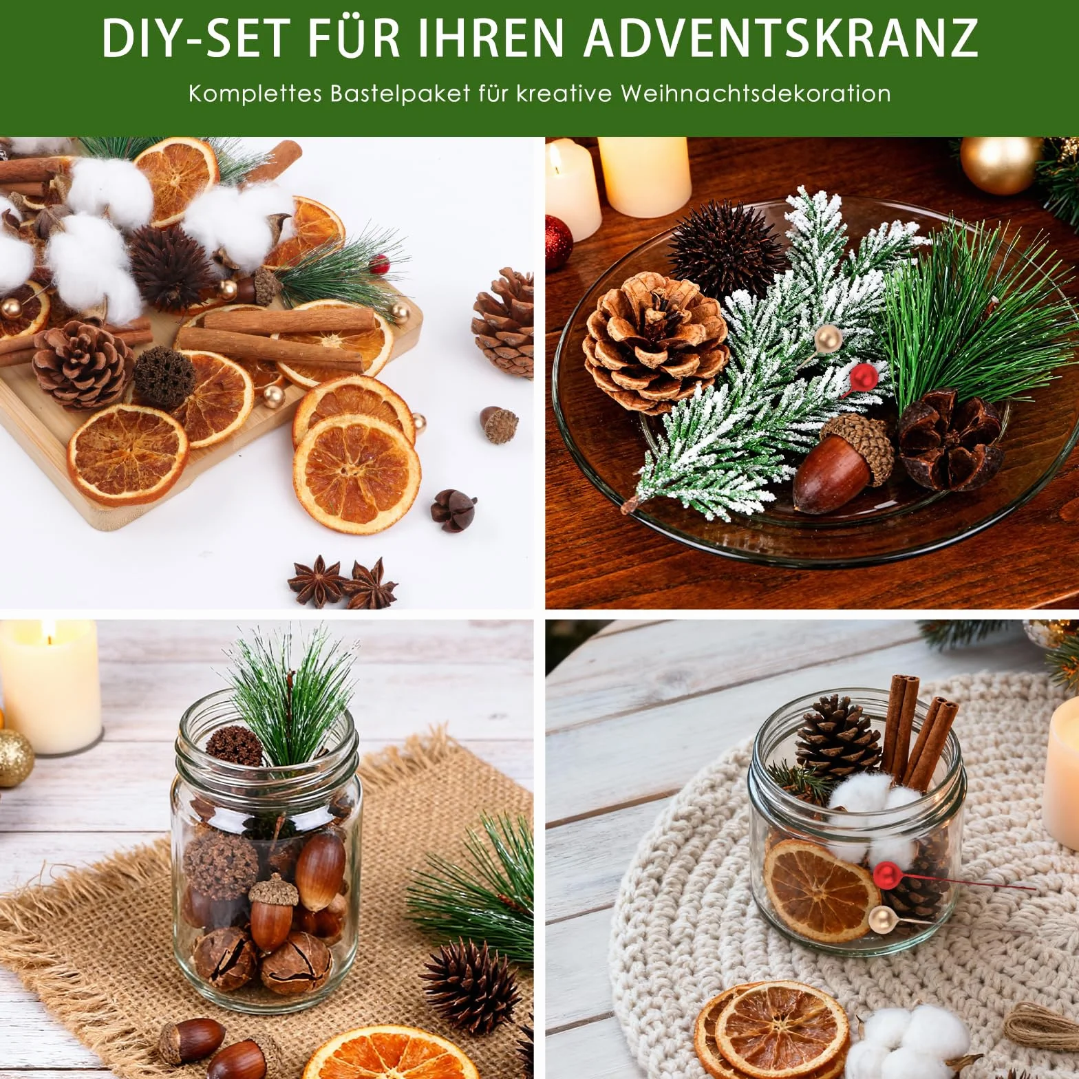 Set de decoración para corona de Navidad de 170 piezas – Accesorios para corona de Adviento con algodón, rodajas de naranja secas, tallos de canela, estrella anisada, nueces, piñas, bayas