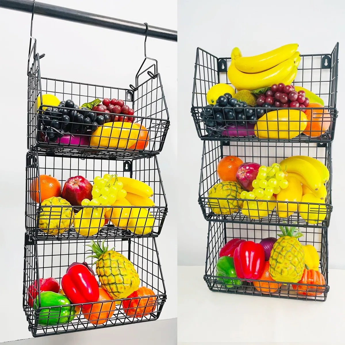 Cestas de alambre plegables colgantes de 3 niveles, organizador de armario, estantes de ropa, estante de encimera, contenedor de montaje en pared, cesta de almacenamiento de alambre para ropa, bolsos
