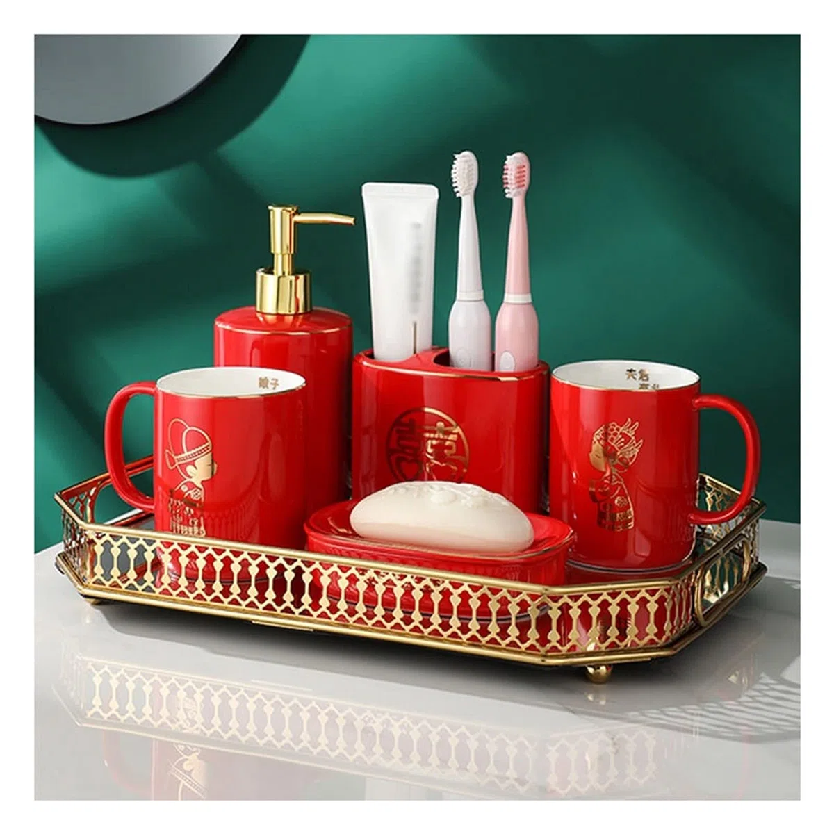Dosificador de jabón Accesorios de baño Conjunto de cerámica Cerámica de 6 piezas Rojo - Kit de decoración de baño incluye dispensador de jabón Soporte de cepillo de dientes Soporte de cepillo de vaso