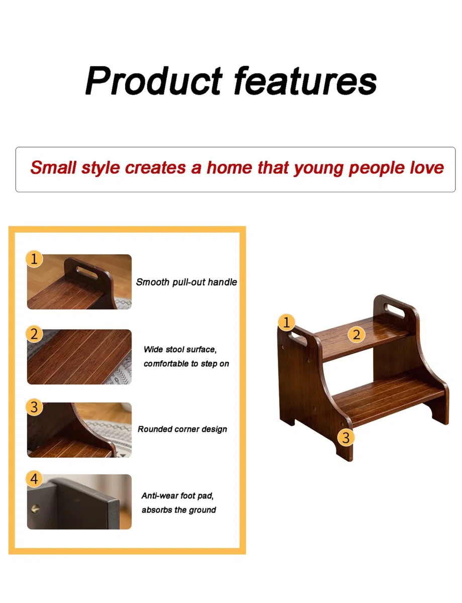 Taburete de madera con dos escalones, almohadillas antideslizantes y asas, doble altura para uso en baño y cocina