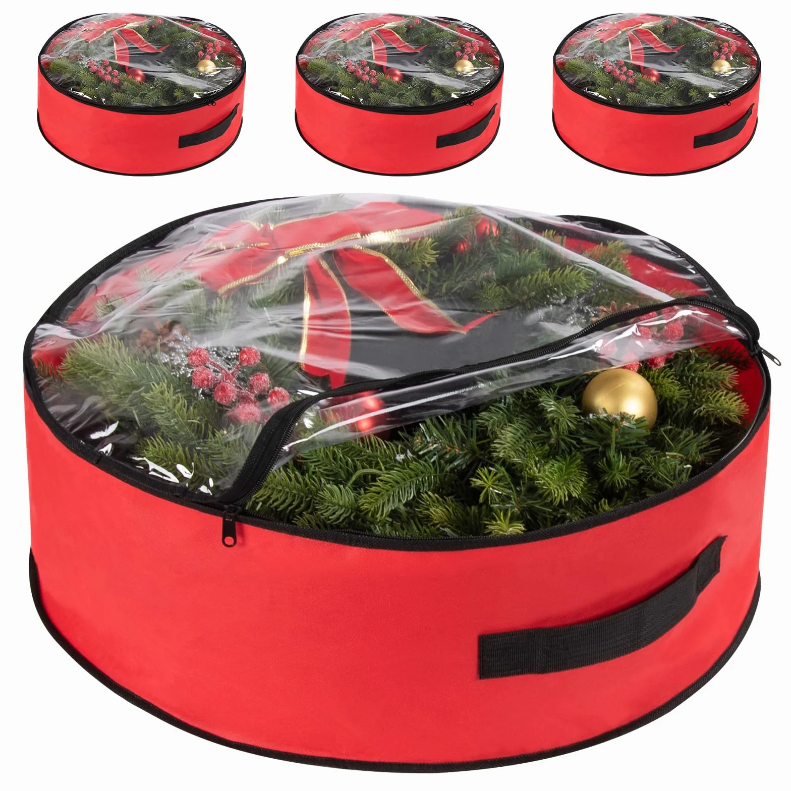 Paquete de 3 bolsas de almacenamiento de coronas de Navidad, impermeables, decoración navideña, adornos de Navidad, bolsas de almacenamiento con cremalleras y asa, color rojo