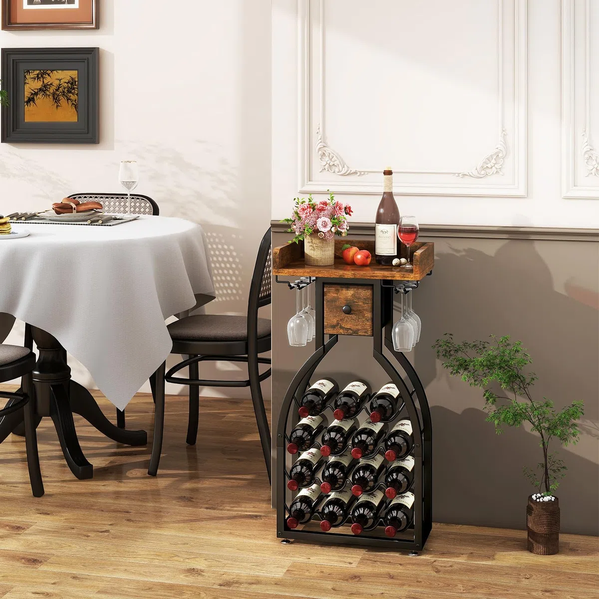 Botellero independiente IBUYKE para 15 botellas, con soporte de cristal y cajón de almacenamiento, mini estantería, para cocina, bar y comedor, marrón rústico TMJ908H