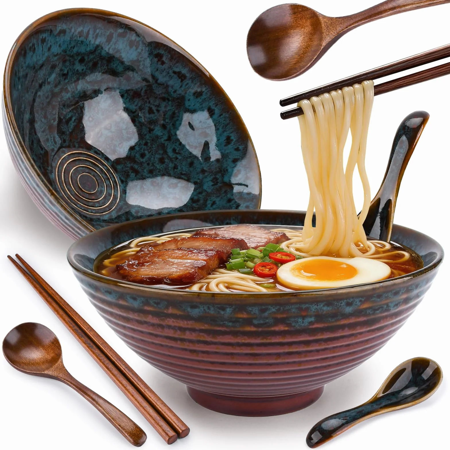 2 Juegos Tazón de Ramen Japonés,Juegode Cuencos de Ramen 1000ml,Ramen Bowl de Cerámica con Palillos y Cuchara, Tazones de Sopa de Fideos para Ensalada Frutas, Verduras, Fideos, Cereales, Sopa