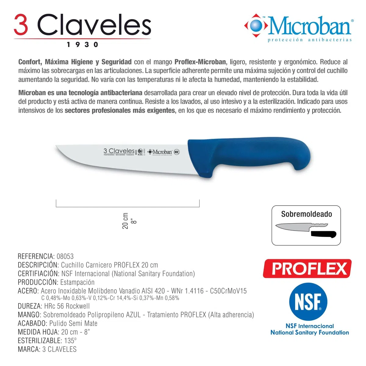 3 Claveles Cuchillo Carnicero Proflex, Acero Inoxidable, Azul, 20 cm-8"