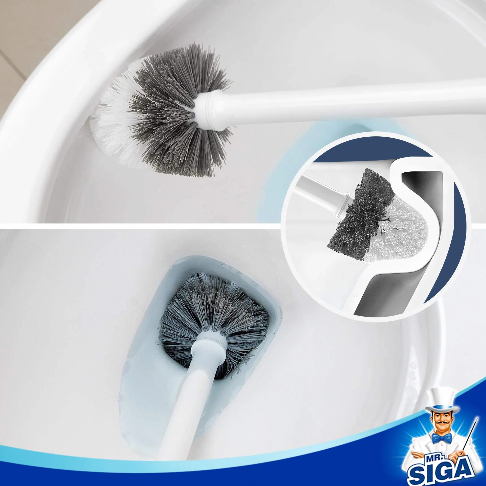 MR.SIGA Premium Cepillo y Soporte para Inodoro con Mango sólido y cerdas duraderas para la Limpieza del baño, Blanco