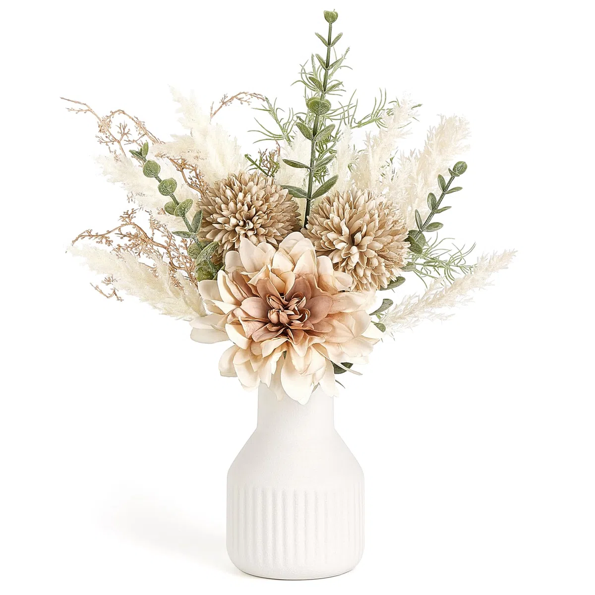 Mkono Pequeñas flores artificiales en jarrón de cerámica de 13.5 pulgadas, decoración de mesa de café, arreglos florales de seda para decoración del hogar, ramo de flores falsas para baño, comedor