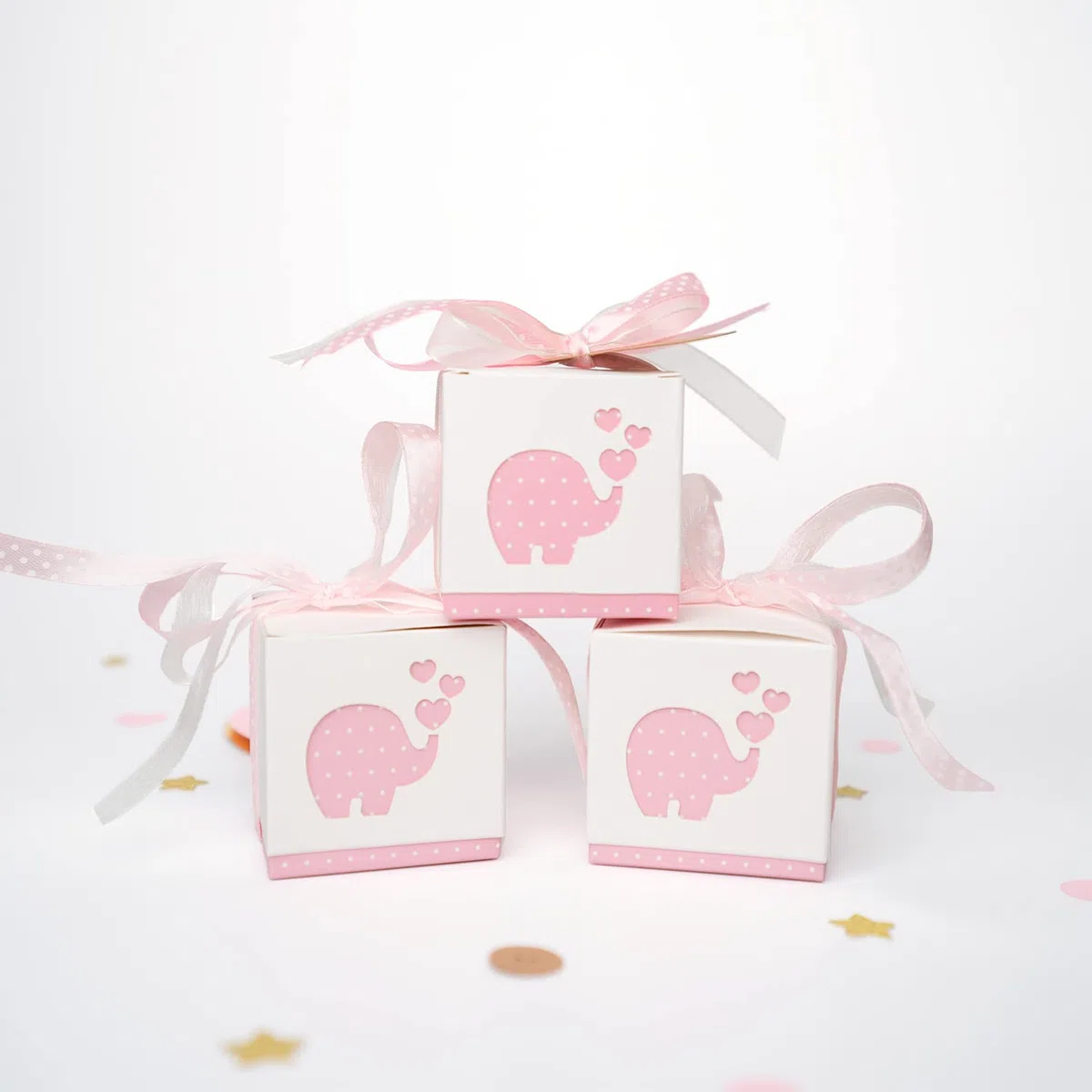 Stella Design Detalles Bautizo/Nacimiento, 48 Piezas Tarjetas y Bolsas, Elefante Niño/Niña, Cajas para Peladillas (Rosa)