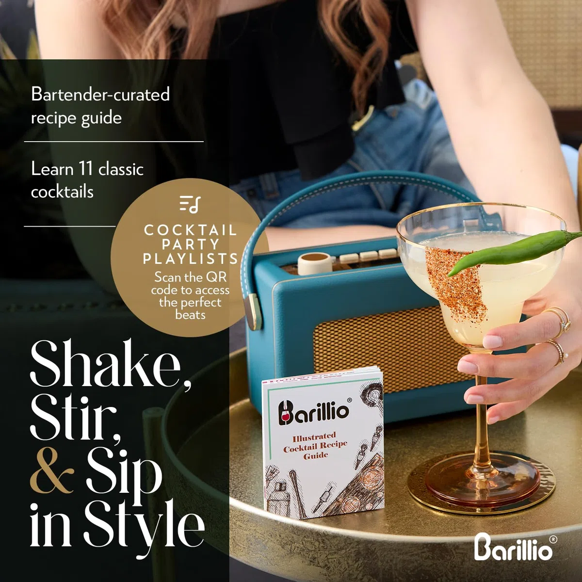 Barillio Elite Mixology - Juego de coctelera para Barman con Herramientas de Barra, Elegante Soporte de bambú, Bolsa de Transporte de Terciopelo y folleto de Recetas