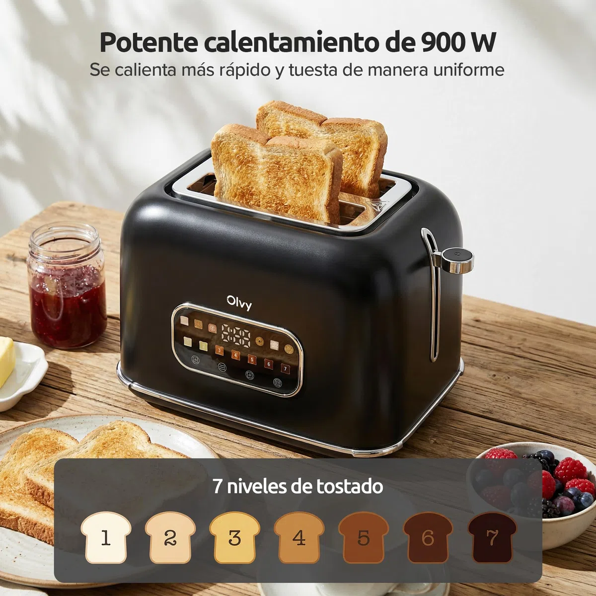 Olvy Tostadora 2 Rebanadas con Pantalla LCD y Temporizador – Ranuras Extra Anchas para Pan Grueso – 7 Niveles de Dorado, Descongelar y Recalentar – 900W – Negro