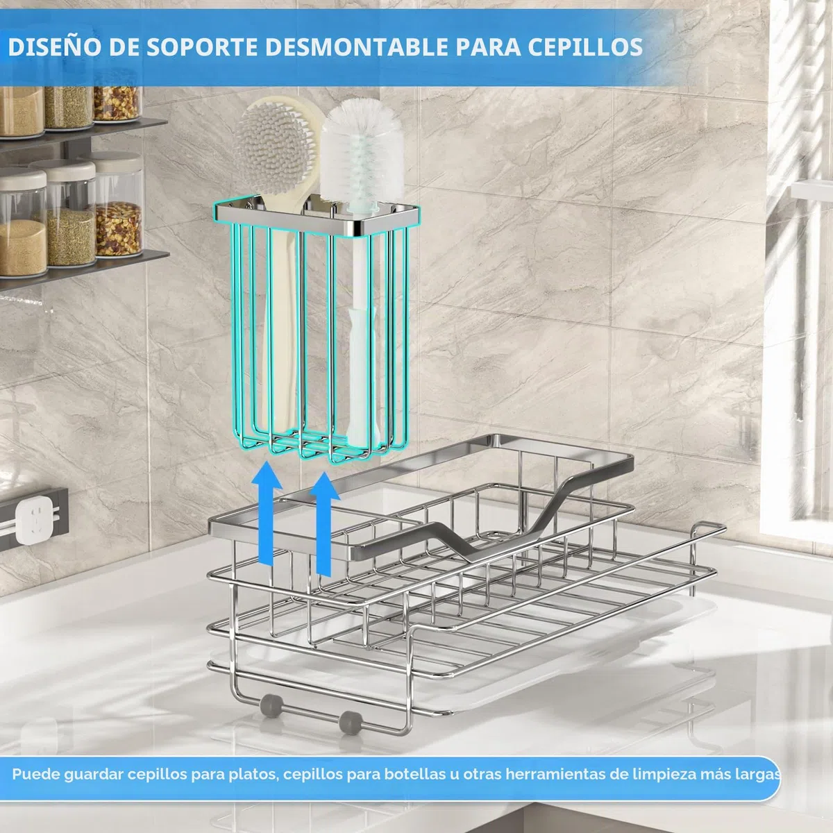VANZAVANZU Organizador de fregadero de cocina de acero inoxidable 304, soporte de esponja de gran capacidad para cocina, soporte de cepillo extraíble, bandeja de drenaje y base de goma antideslizante,