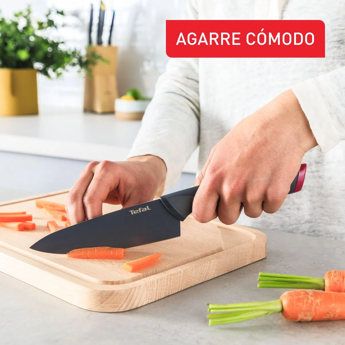 Tefal Fresh Kitchen - Bloque de madera con 5 cuchillos (Pelador 9 cm, Utilitario 12 cm, Chef 15 cm, Rebanador 20 cm, Pan 20 cm), acero inoxidable de alta precisión, K122S5