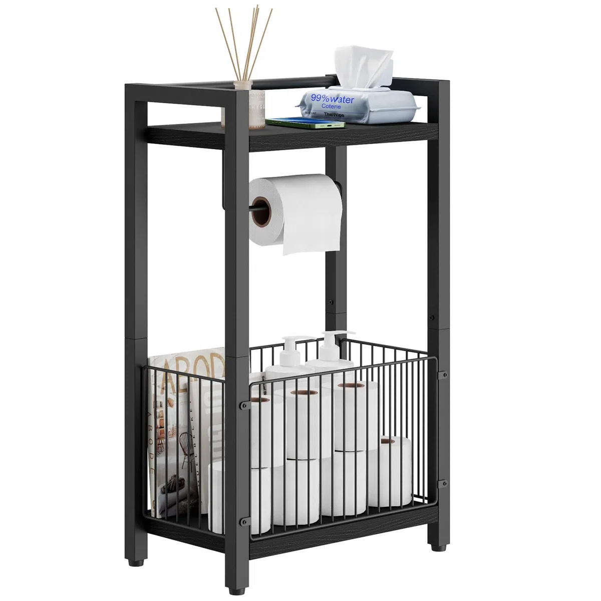 IBUYKE Soporte de papel higiénico independiente con estante de almacenamiento, dispensador de rollos de papel higiénico de baño con espacio adicional para rollos, revistas, toallitas húmedas, negro