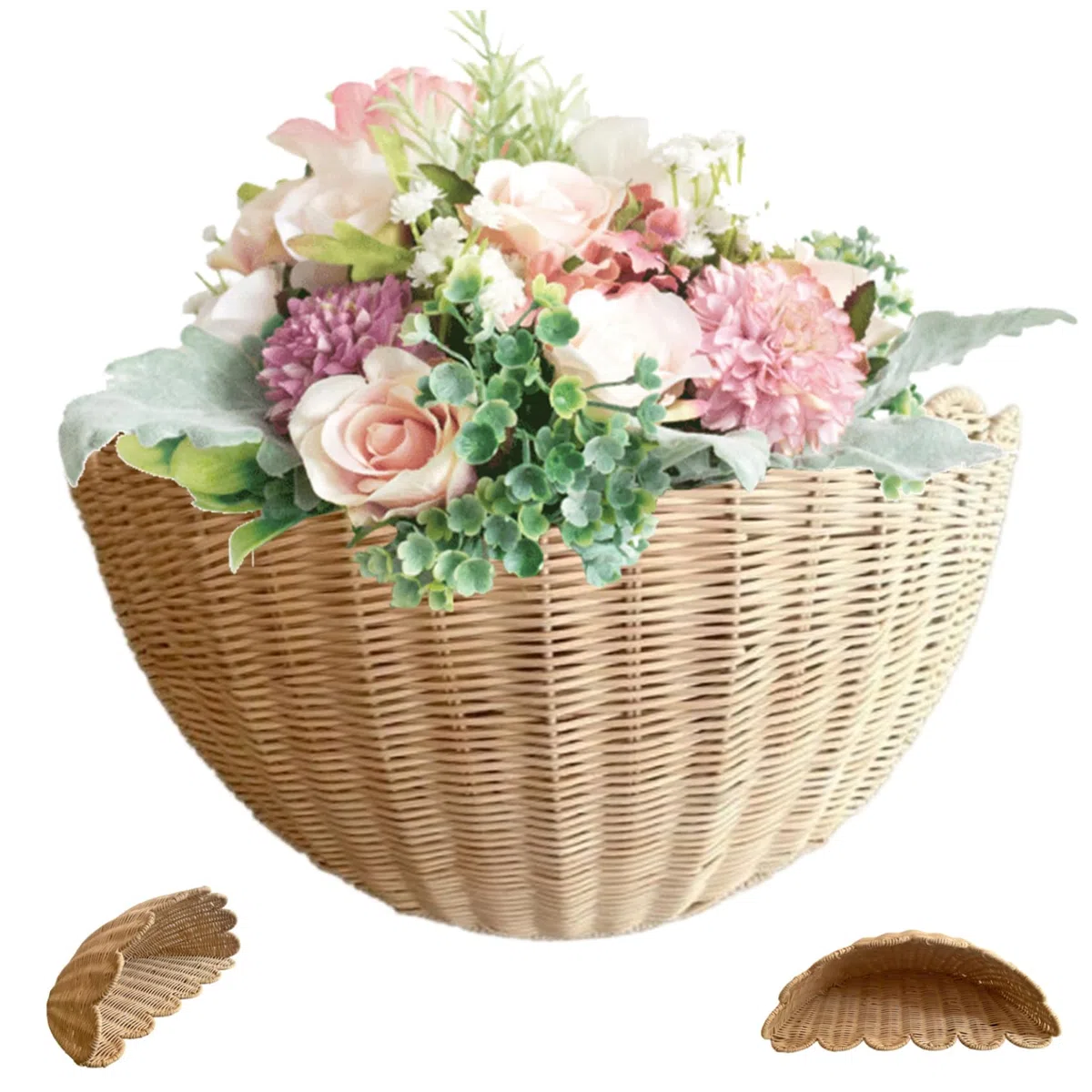 Cesta de colgantes de mimbre Cesta de almacenamiento de pared rústica rústica de 14x6x8 pulgadas para frutas, verduras, plantas, artículos de tocador, organizador decorativo para cocina y baño