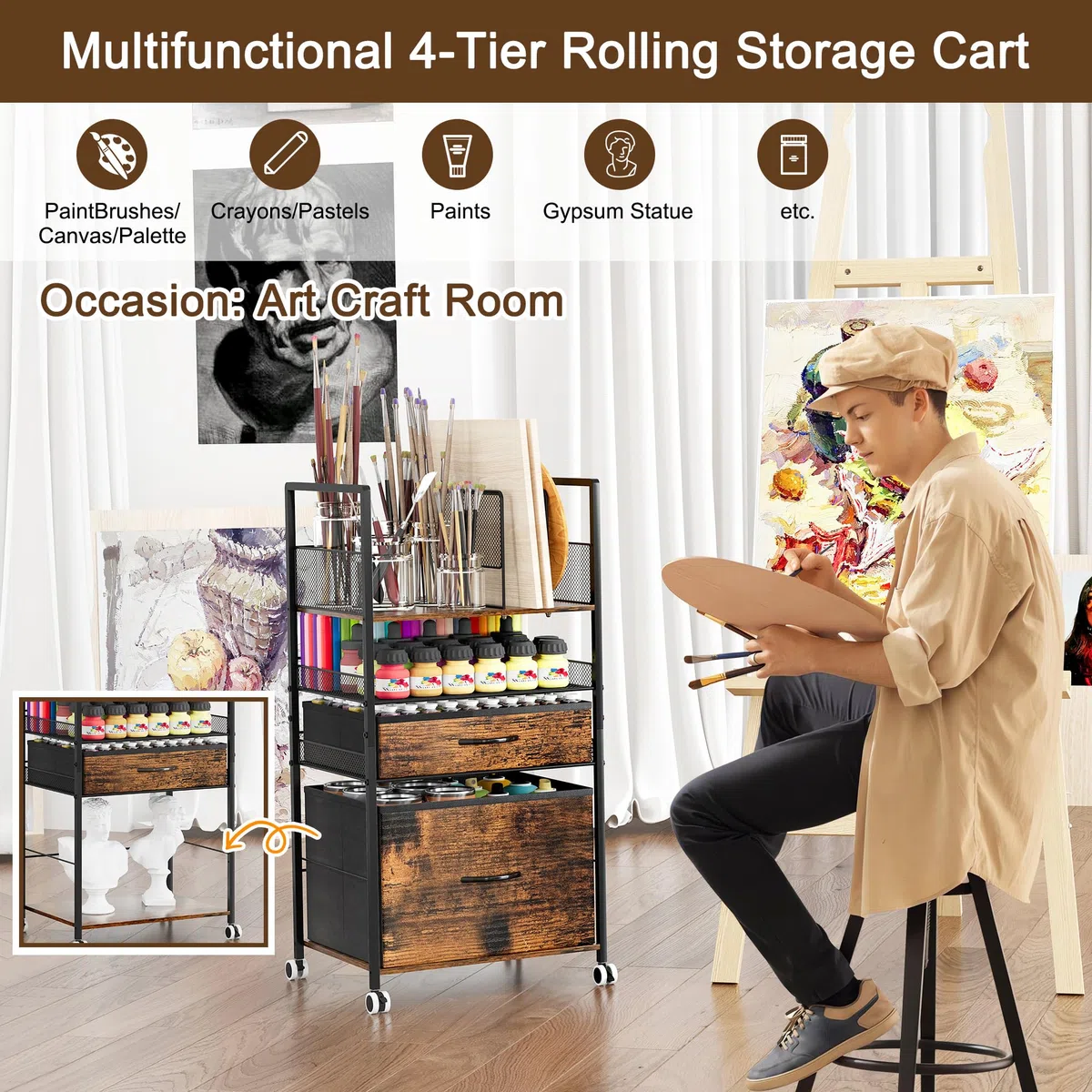 Carrito utilitario rodante de 3 niveles con 2 cajones, organizador de archivos de metal móvil para oficina, escuela, organización del hogar, color negro antiguo