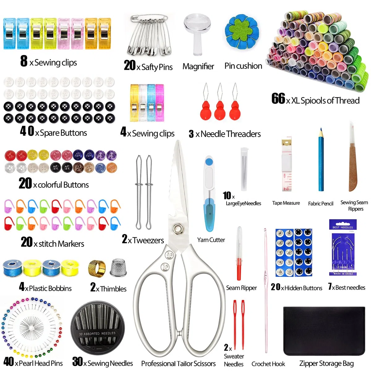 Kit de Costura Hilo de 66 Colores, 305 Accesorios de Costura Profesional, Incluye Agujas, Hilo, Tijeras, Botones y Más para Adultos, Principiantes, Hogar, Escuela, Viajes, Bricolaje, Emergencia