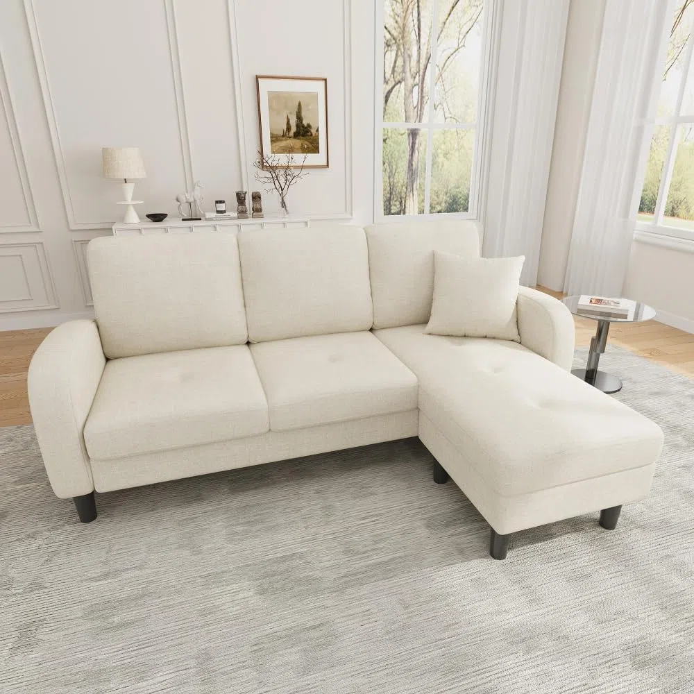Sofá esquinero en forma de L con chaise longue, sofá de 3 plazas, 166 x 118 x 77 cm, tela transpirable de algodón y lino, patas de plástico, diseño modular, ideal para salas de estar (Beige