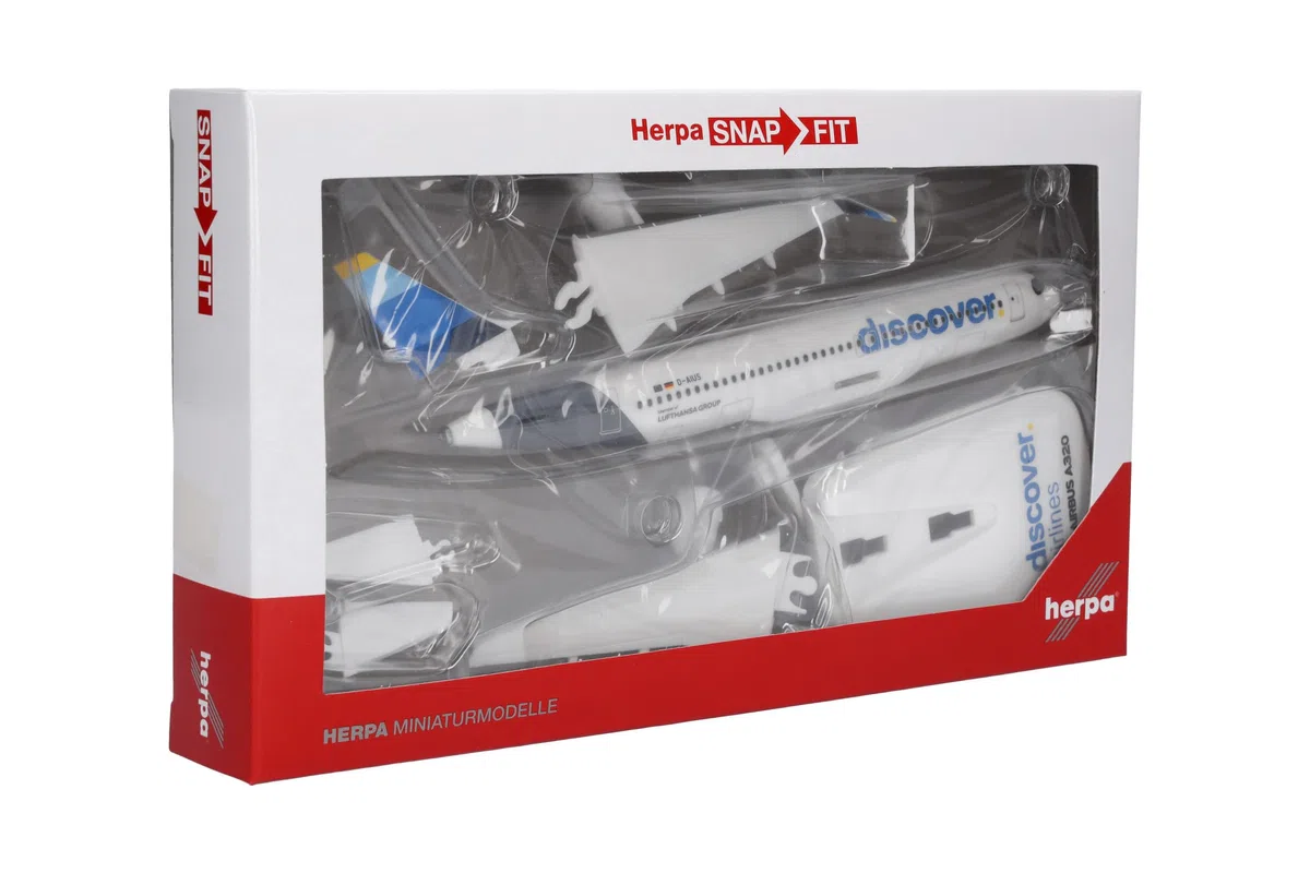herpa Miniatura del avión Discover Airlines Airbus A320 - Snap-Fit, Escala 1/200, Modelo prefabricado, maqueta de colleción, modelismo, Avion con Soporte, Figura plástico