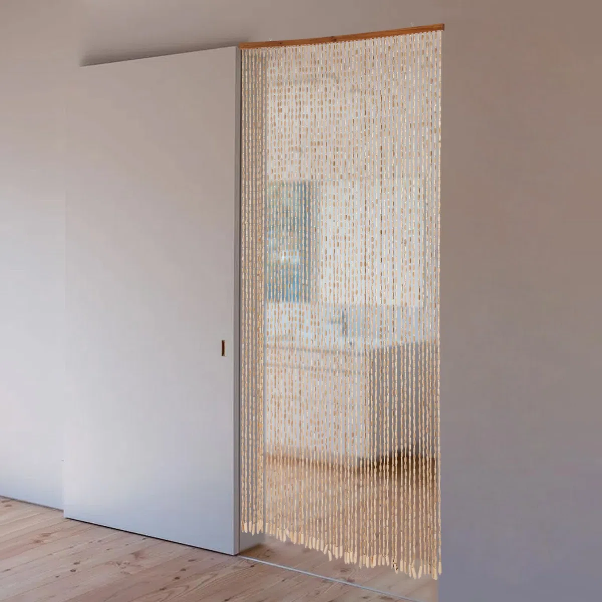 Cortina de cuentas de madera de bambú, 200 x 90 cm, separador de ambientes, sala de estar, dormitorio, cocina, baño, sostenible, duradera, hecha a mano, natural para instalaciones modernas