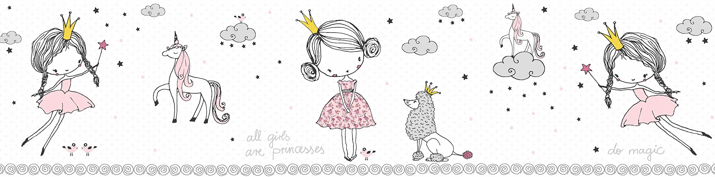 Lovely Kids Cenefas Adhesivas Para Los Niños Magic Princess 5.00 m x 0.155 m Rosa Gris Blanco Fabricado en Alemania de A.S. Création 403755