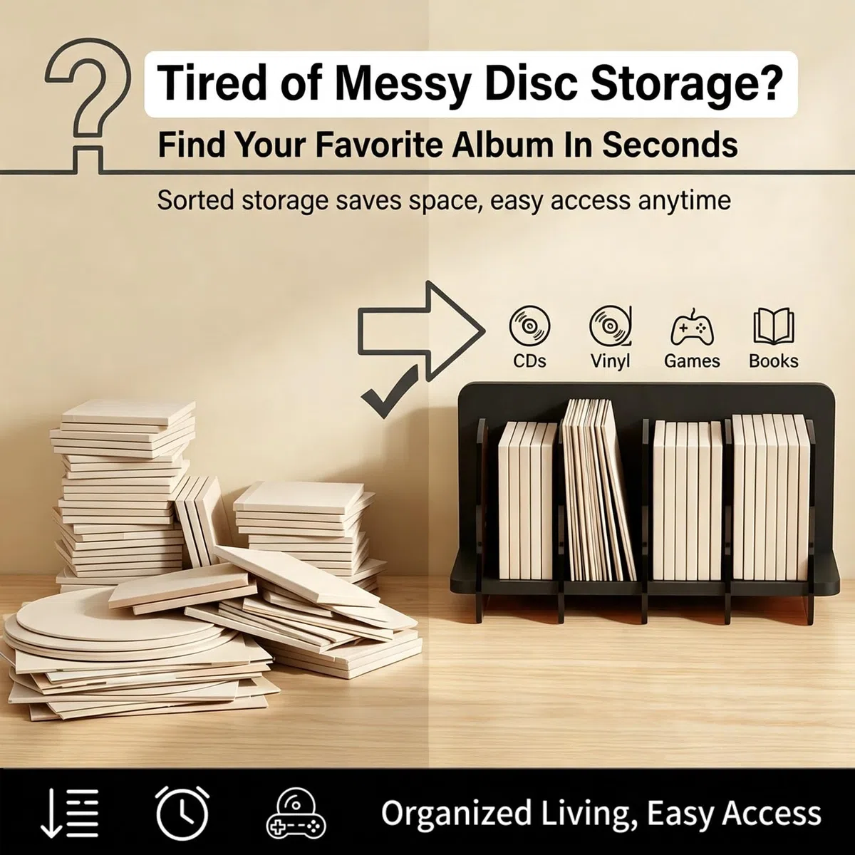 Estantería CD Vinilos 4 Compartimentos Organizador Mesa Librería Baja. | Estantería Madera Organizador Discos con Separadores Acrílicos Estante Multimedia Dormitorio.(Black)