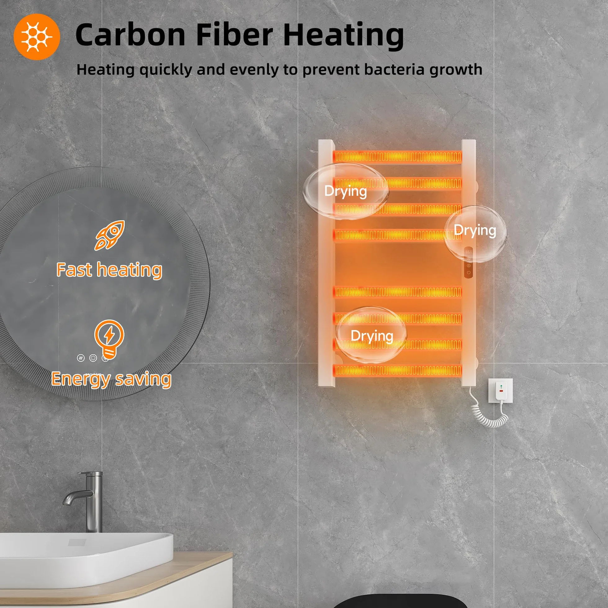 Radiador de Toallas 450x700mm Toallero Eléctrico Bajo Consumo Secador de Toallas Radiador Toallero eléctrico inteligente Calienta Toallas, calefacción de fibra de carbono, antracita-White Right