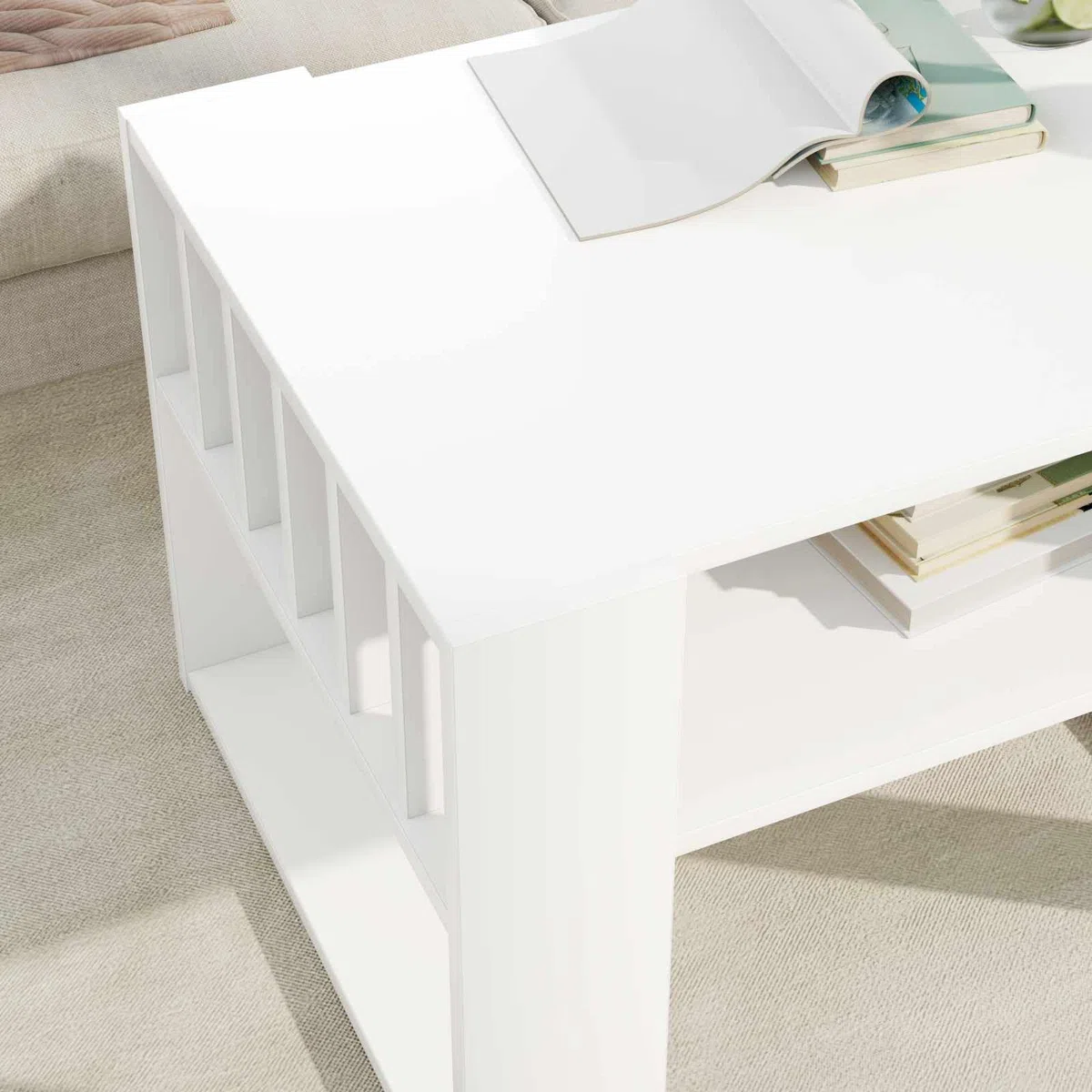 Mesa de centro blanca de 66 x 49,5 x 45 cm, material de madera, moderna mesa de salón con estante y espacio de almacenamiento para salón, habitación de invitados, oficina, pasillo, recepción