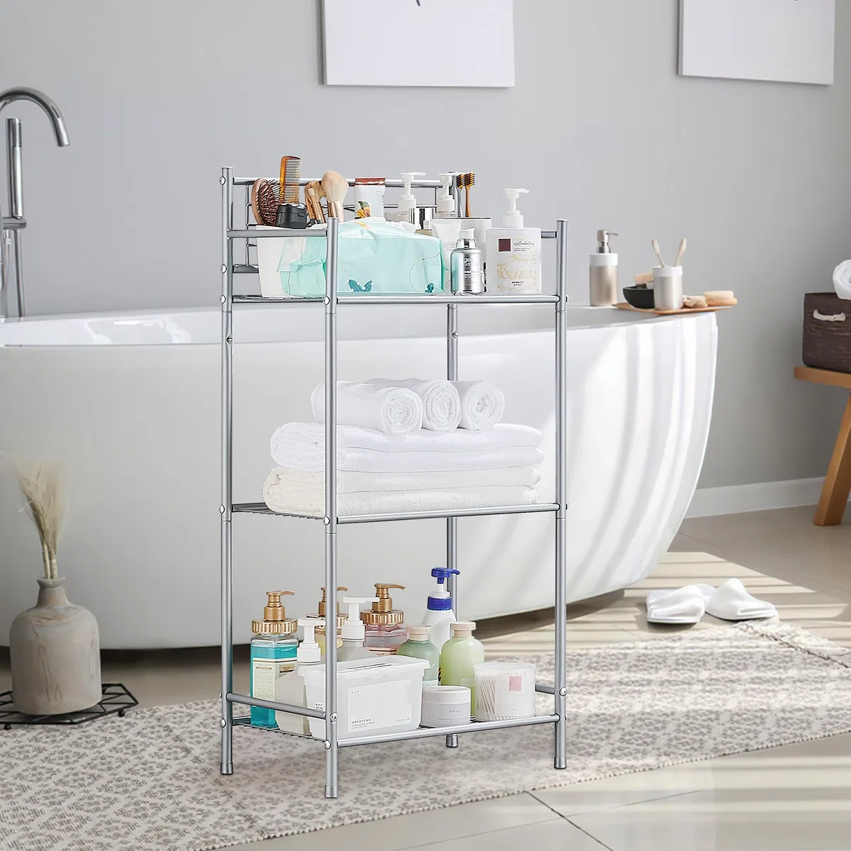 Estanteria de Baño 3 Baldas Organizador Cocina Estantes Metal Estantería de Almacenaje Estantería Cocina Estantería Metálica Toallero de Pie para Baño, Cocina, Oficina Gris