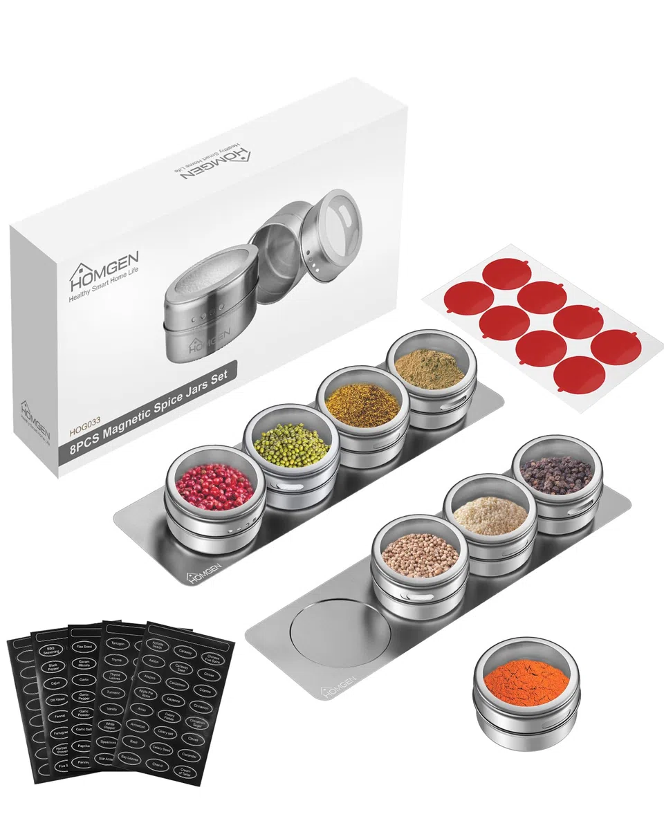 HOMGEN 8PCS Tarros de Especias Magnéticos de Acero Inoxidable Botes Para Especias Magnéticas de 100 ml con Etiquetas Recipientes Magnéticos con Tapas y Chasis para Cocina, Barbacoa