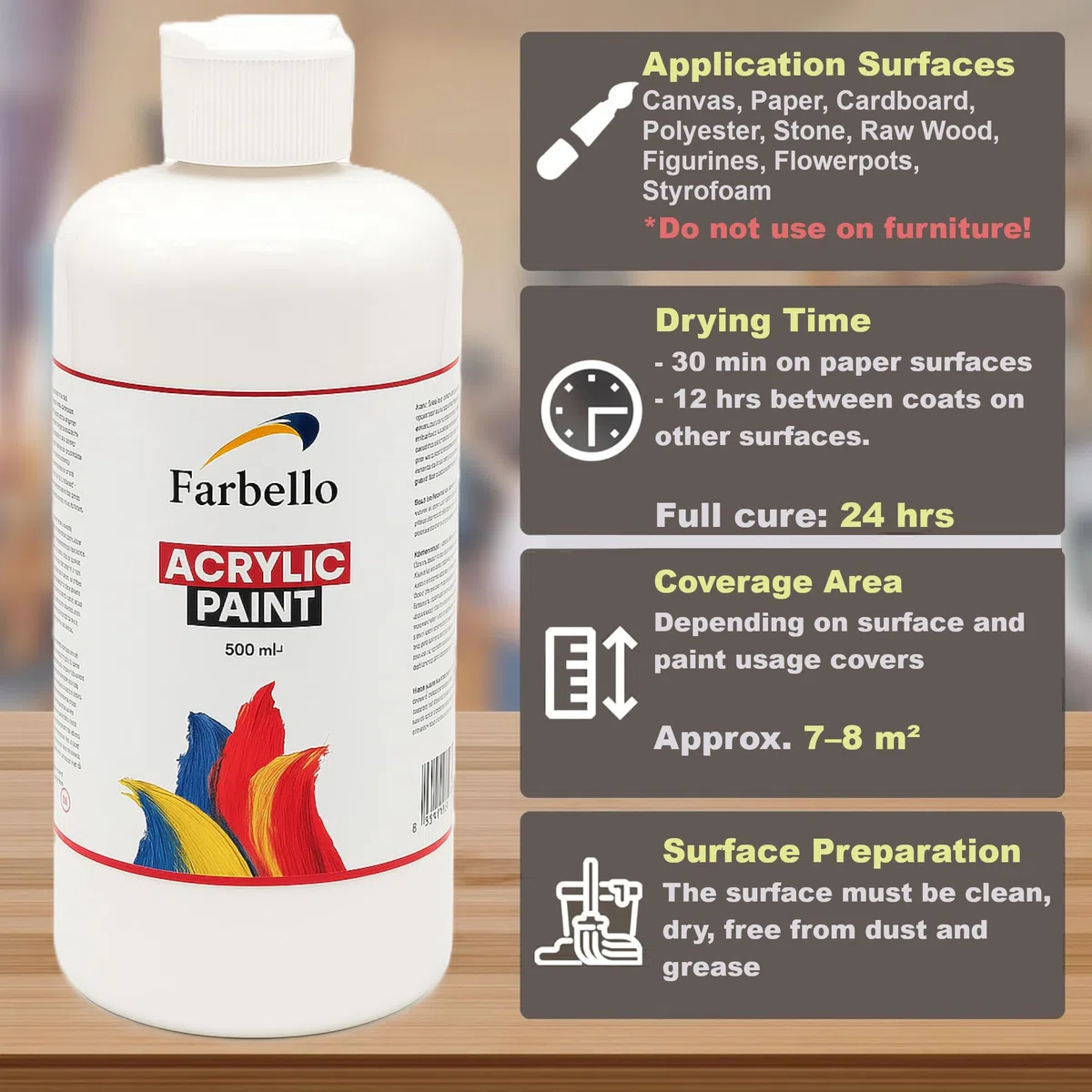 Juego de 12 pinturas acrílicas de 500 g de alta calidad para madera, piedra, lienzo, cartón para pintar, papel, tela, cuero, metal, pouring, multiusos, 12 x 500 g